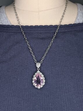 Silver Tone Pink Teardrop Faux Gemstone Halo Pendant Necklace